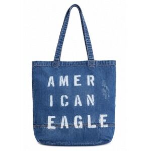 American Eagle Denim Tote Bag Blue Distressed Logo Jean Shoulder Bag Y2K